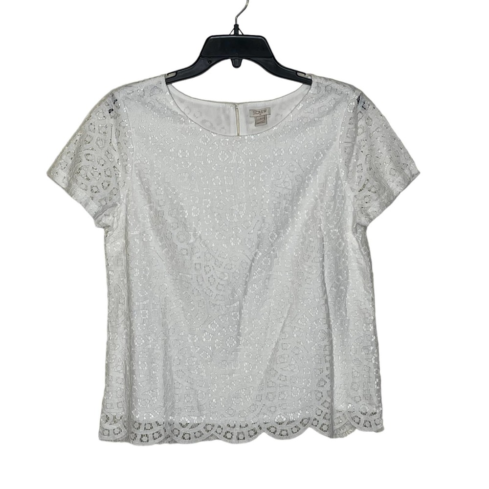 J. Crew Blouse Top Size 6 White‎ Lace SS Lined Cotton Nylon Blend Womens